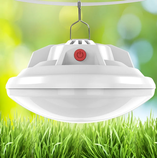 Rechargeable LED camp light with 18650 battery showing illumination radius of 15-40 metres