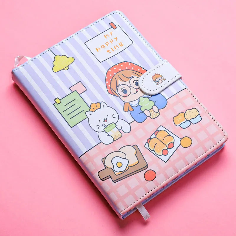 Small white Kaba Bear Hippo notebook with magnetic buckle, girl heart design, showing 224 pages and PU cover.