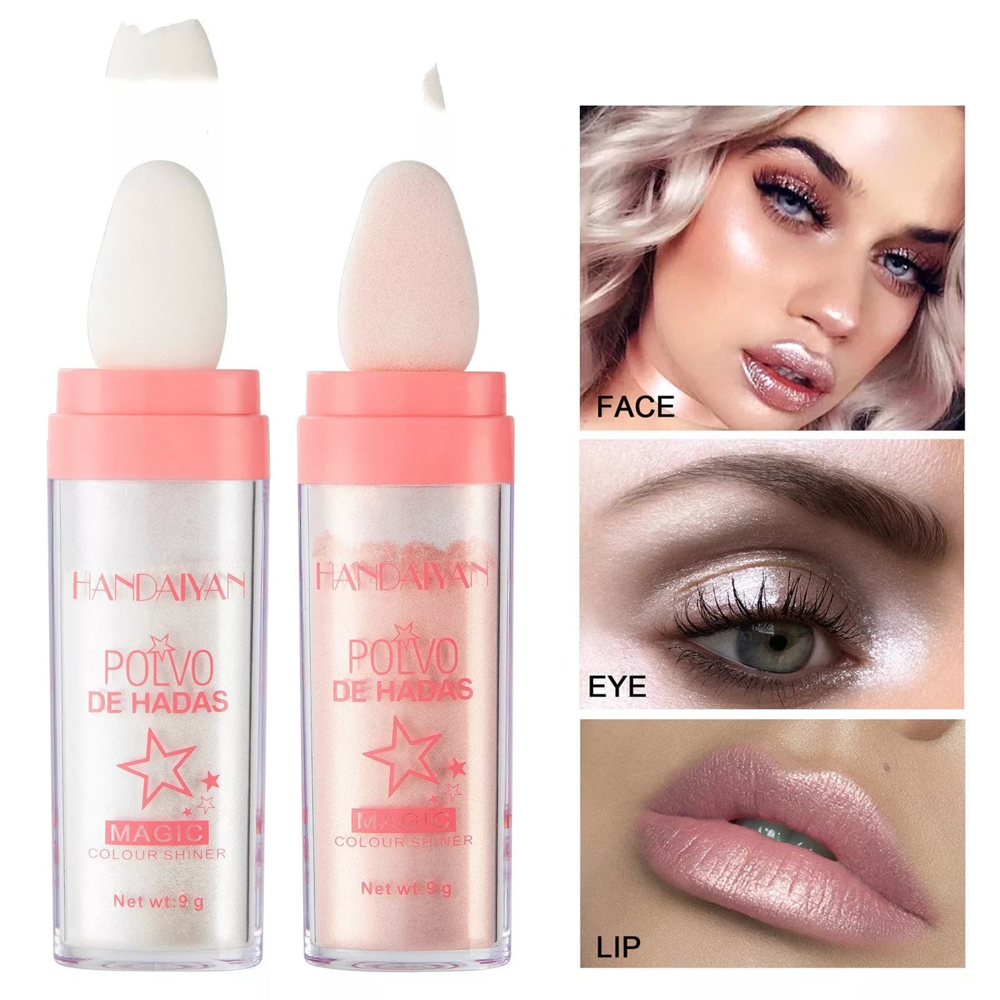 Fairy Highlight Pat Powder in white, pink, and golden brown shades for brightening and skin repair