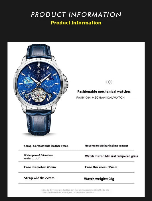 Men's automatic mechanical watch with blue dial and stainless steel bracelet, showing 14mm case thickness