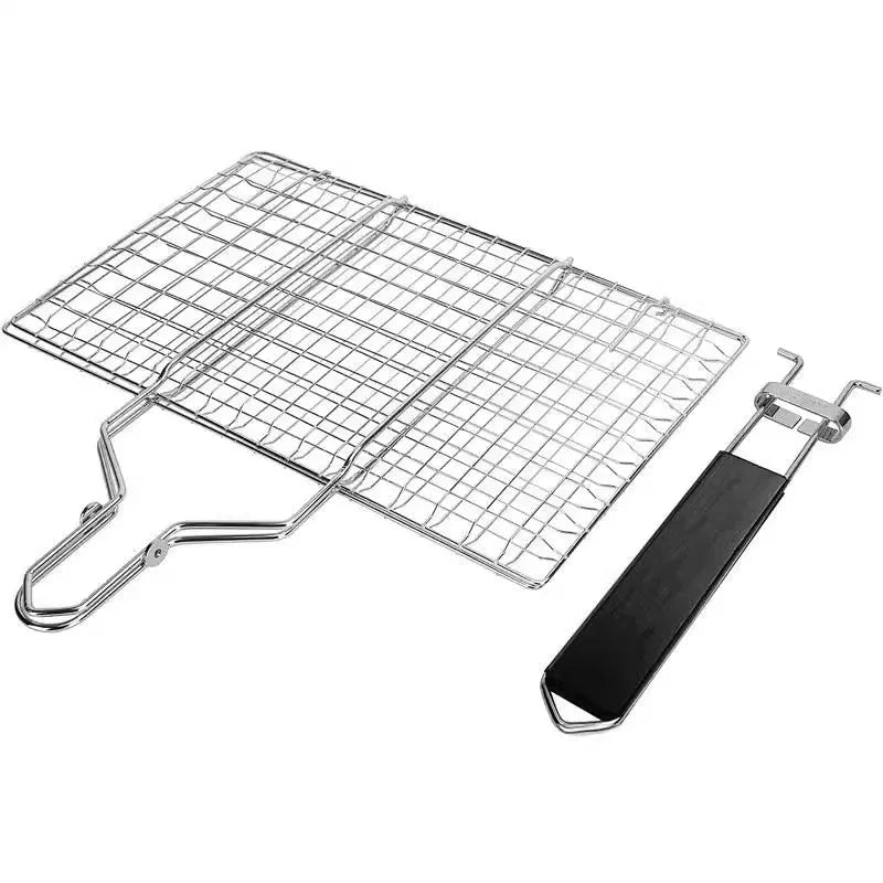 Stainless steel square barbecue mesh basket folded with cleaning brush for outdoor grilling