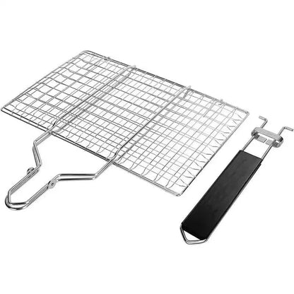 Stainless steel square barbecue mesh basket folded with cleaning brush for outdoor grilling