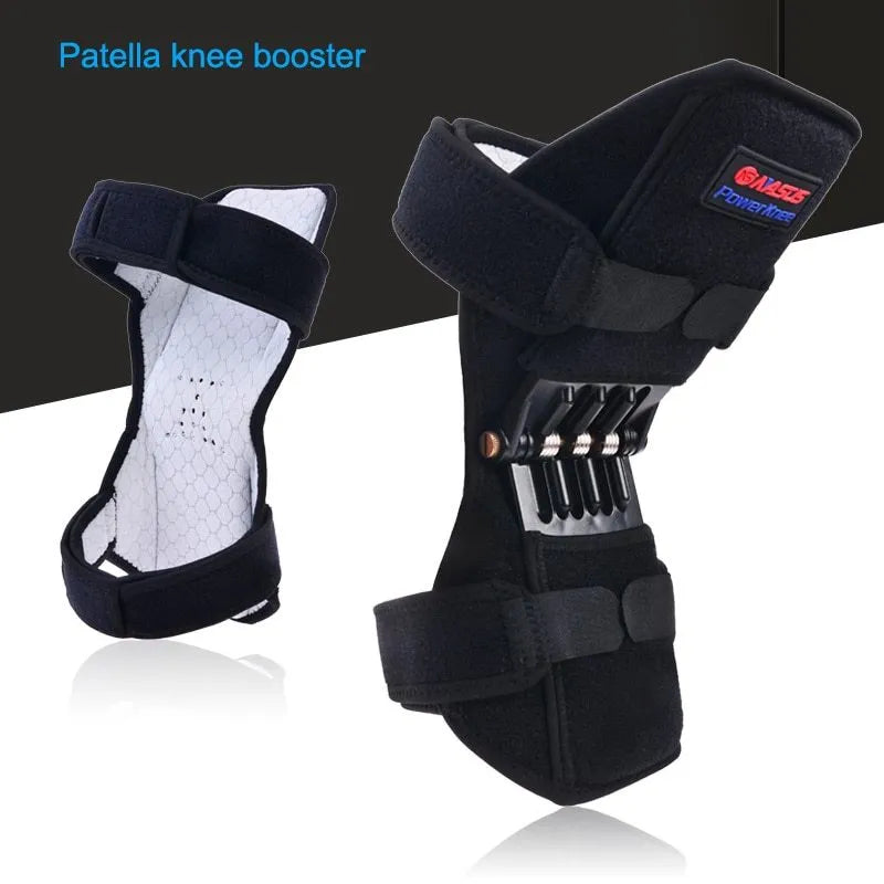 Adjustable spring knee brace for sports support in black, shown with straps.