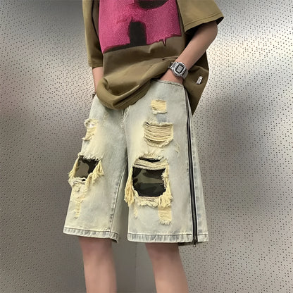 Men's ripped camouflage denim shorts in yellow mud colours with straight leg Korean style design