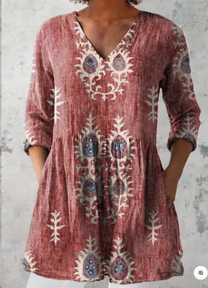 Women's printed wave loose dress with wide waist design and 3/4 sleeves in one of seven style options