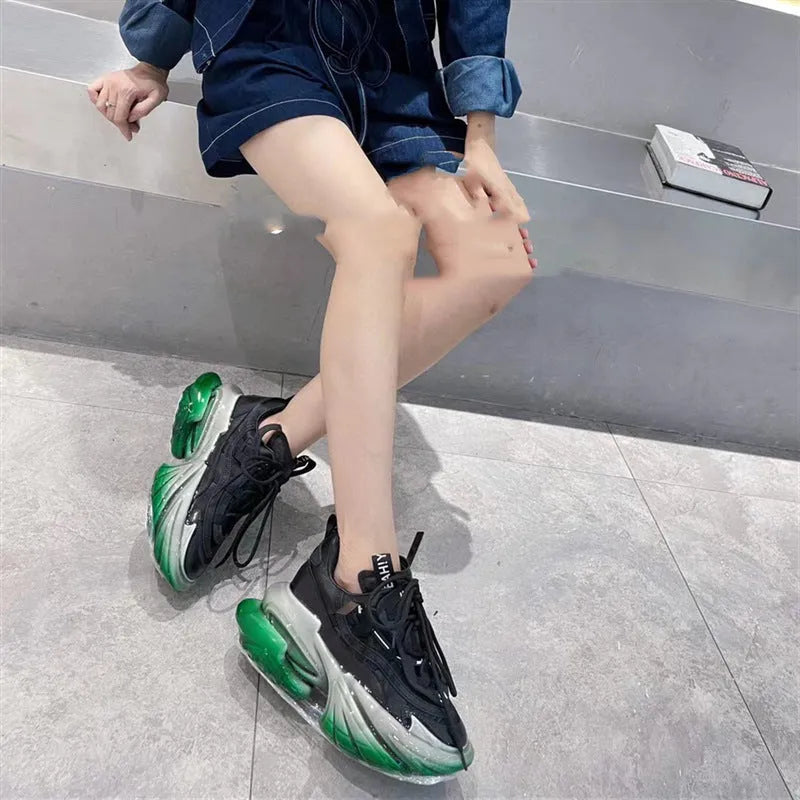 Women's leather sports shoes with thick soles and cross-tie fastening in multiple colours