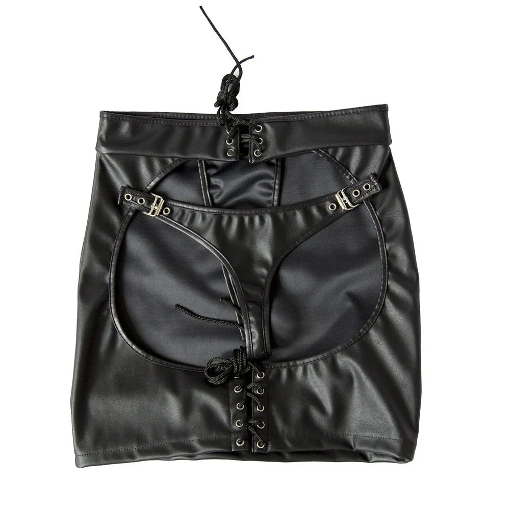 Black patent leather bondage panties in L size, adjustable straps, 0.8mm thick for secure 70-82.5kg fit