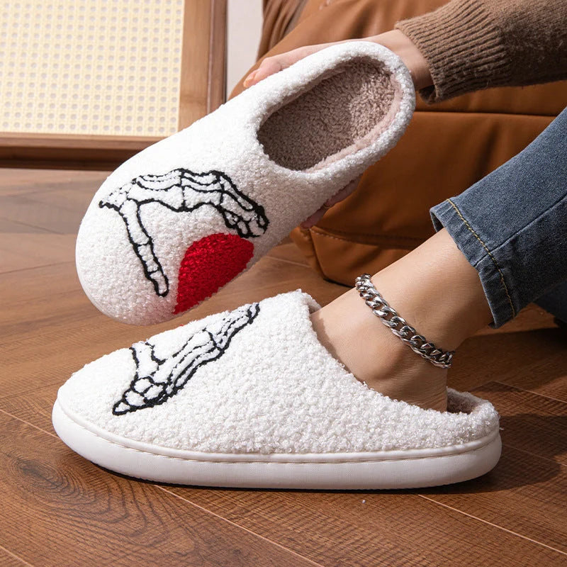 Halloween skull-hand non-slip slippers in white and black with suede uppers