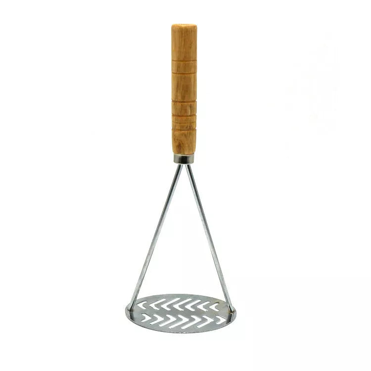 Manual potato masher with wooden handle and flower-shaped press for easy mashing