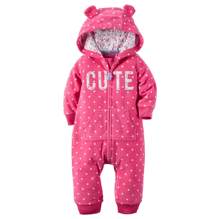 Hooded fleece baby romper in rose red, grey, green, and pink colors with zipper closure