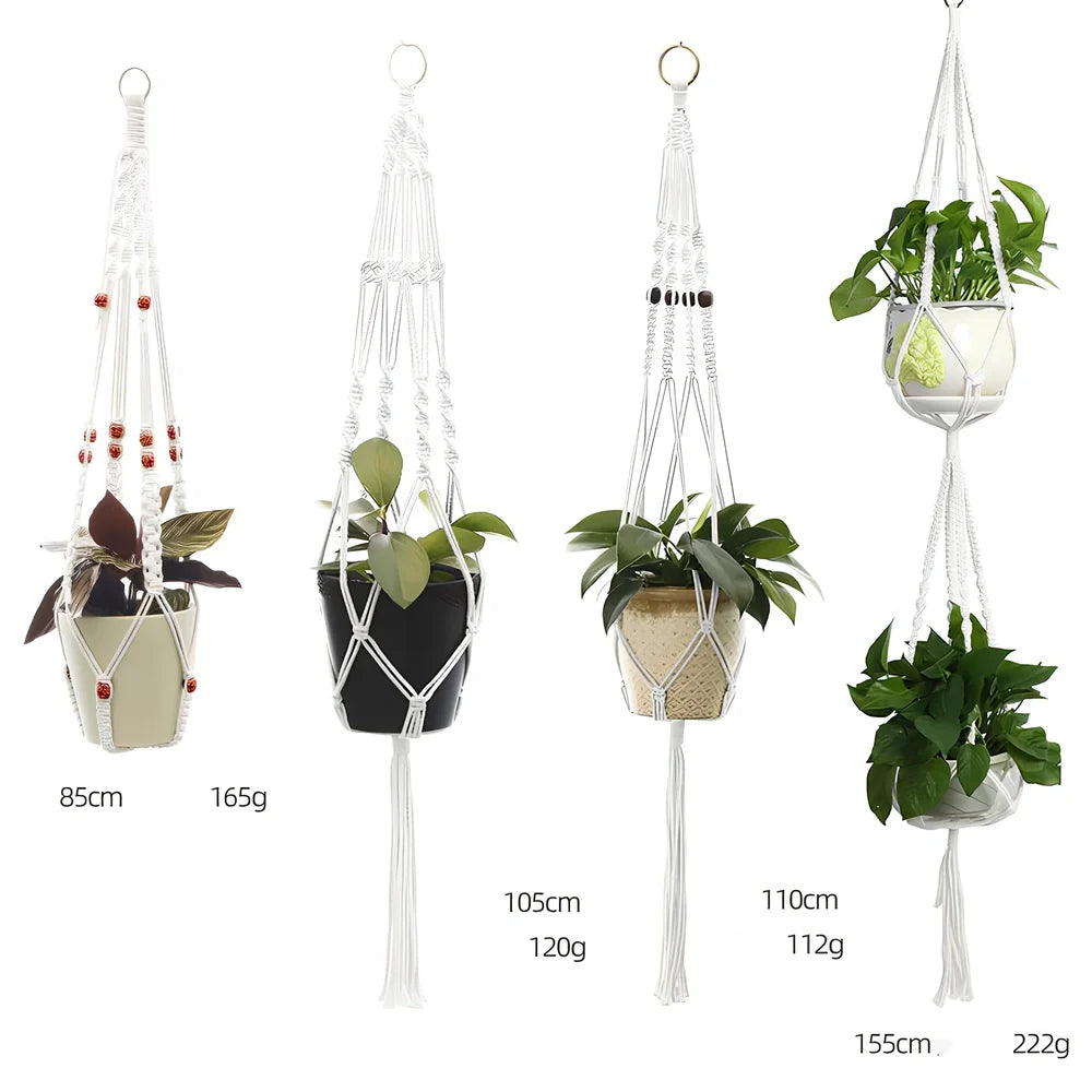 Hand-knitted cotton flowerpot net bag showing mesh pattern and hanging installation