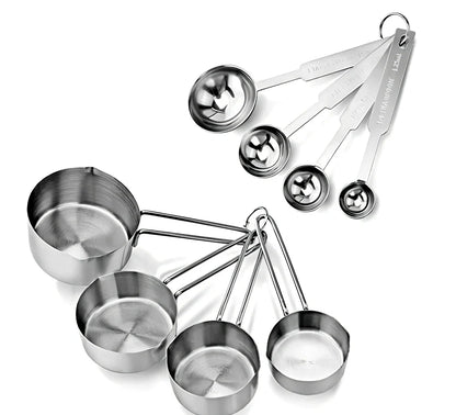 Stainless steel measuring spoon and cup set with eight pieces in silver finish