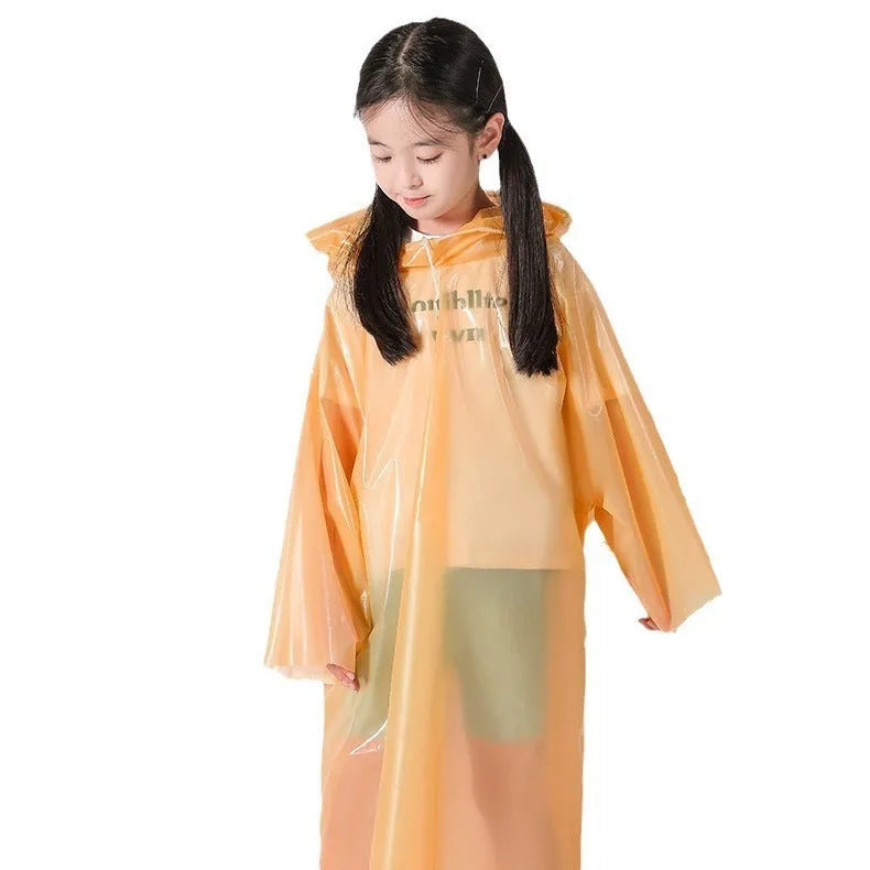 Disposable children's long rain poncho folded in its 13cm by 9cm bag, shown in blue colour.