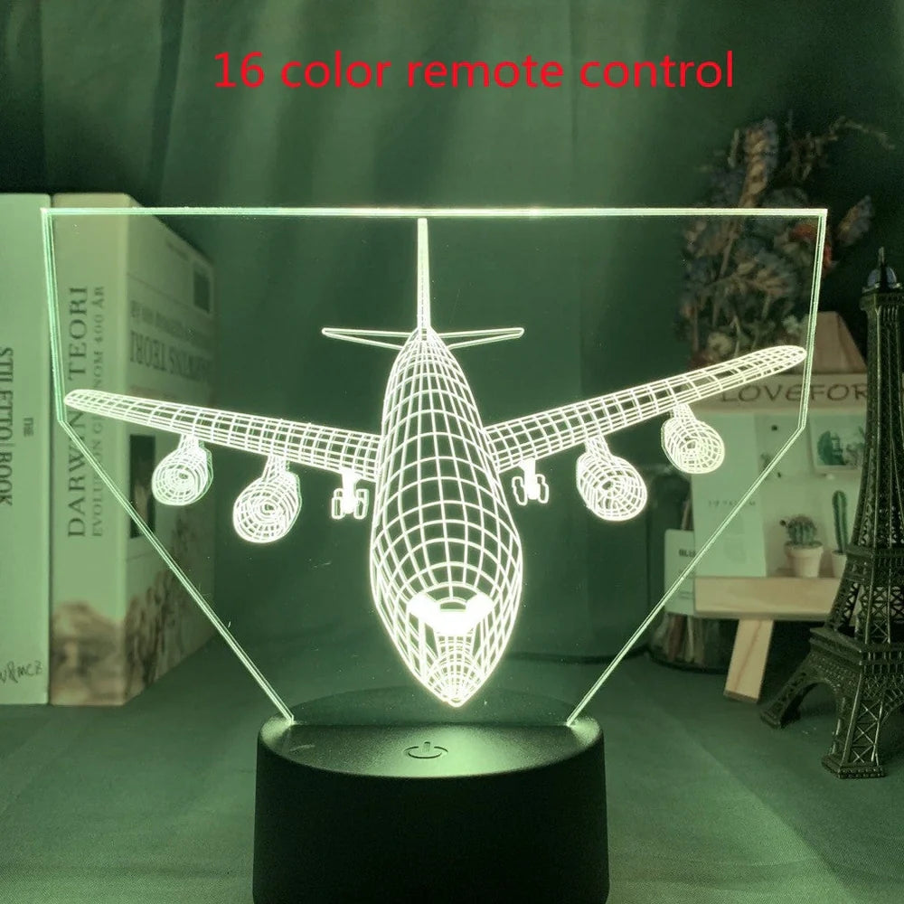 Custom 3D airplane hologram night light with optical acrylic panel and ABS base showing colour-changing illumination