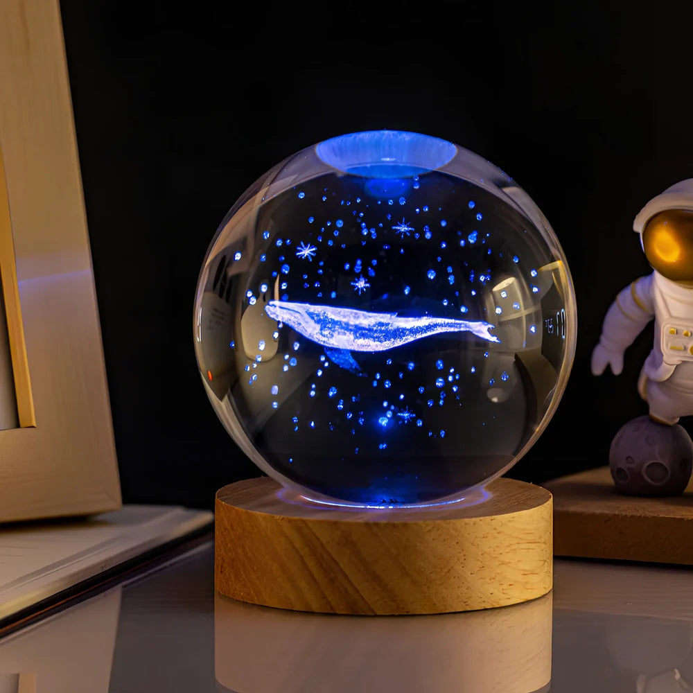 6cm crystal ball night light with Milky Way design on colourful base, USB cable connected