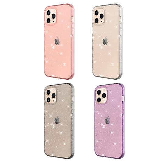 Glitter transparent TPU phone case for iPhone 12 Pro Max in pink, black, purple and clear colours