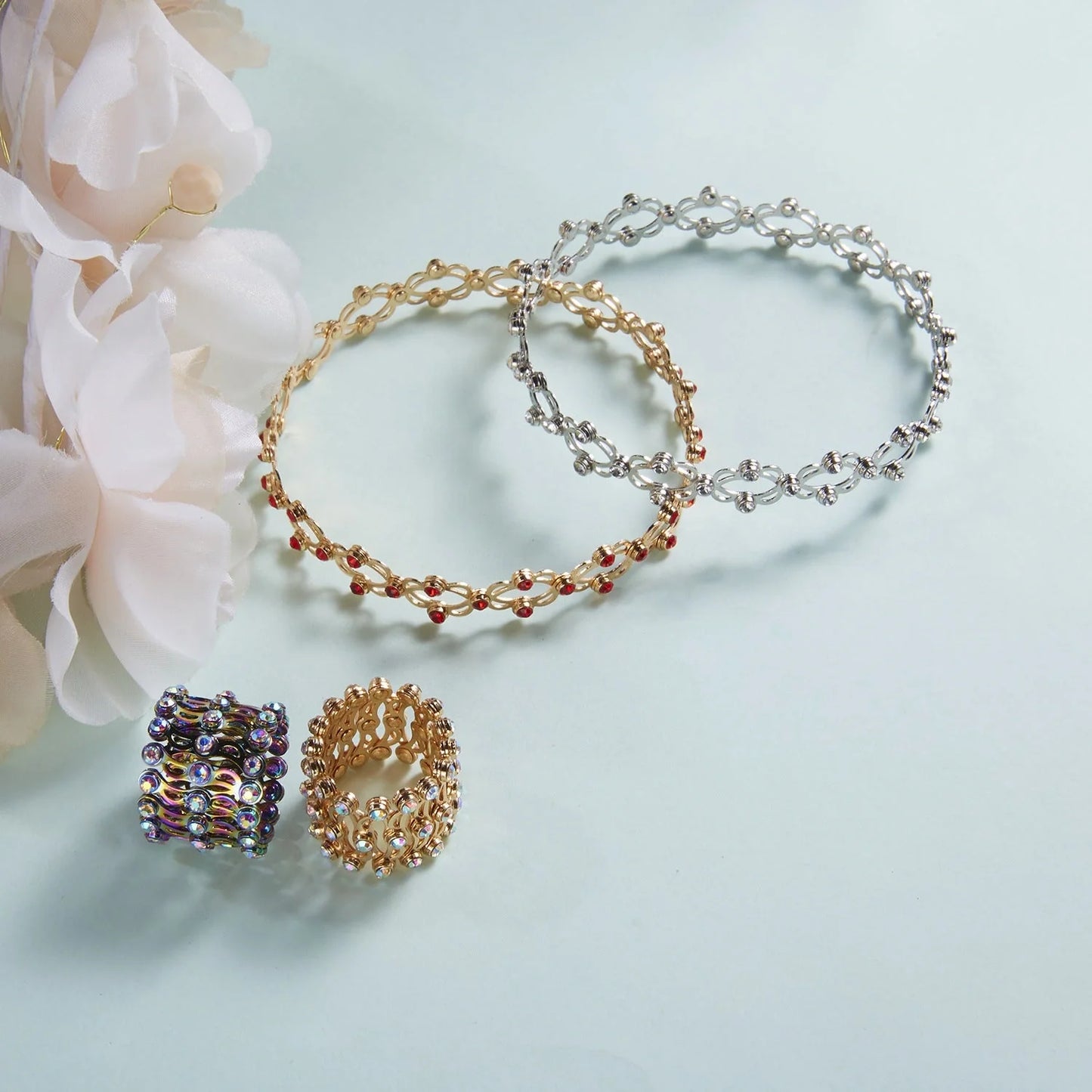 Adjustable 2-in-1 folding rings bracelet with rhinestones for women in various colors