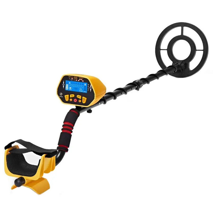 GC1028 black and yellow metal detector with LCD display, adjustable pole, and 20cm waterproof search coil for treasure hunting