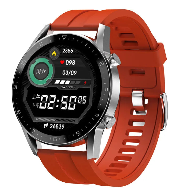 Multifunctional sports watch with 1.3 inch IPS touchscreen, step counting, smart notifications, and genuine leather strap available in classic buckle style, compatible across platforms for business and personal use.