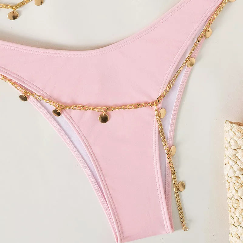 Women's solid color beach bikini with split design in black, pink, and green