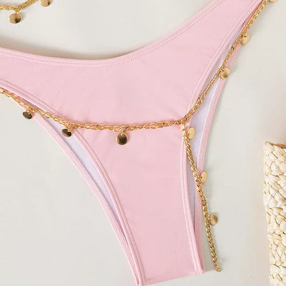 Women's solid color beach bikini with split design in black, pink, and green