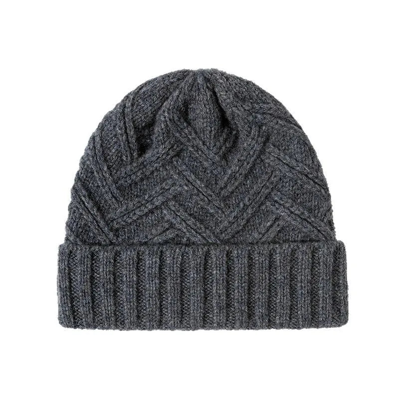 Wool knitted women's hat with dome crown in ankela red colour showing totem pattern details