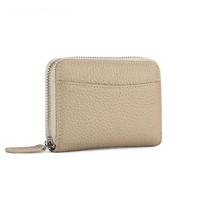 Genuine leather men's and women's zipper coin storage purse in black with sewing line detail.