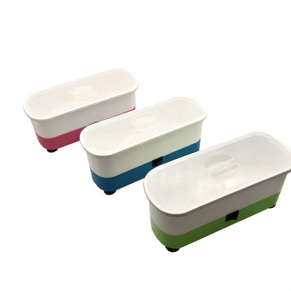 Blue analog ultrasonic cleaner measuring 17x6x8cm with contact lens box and battery compartment