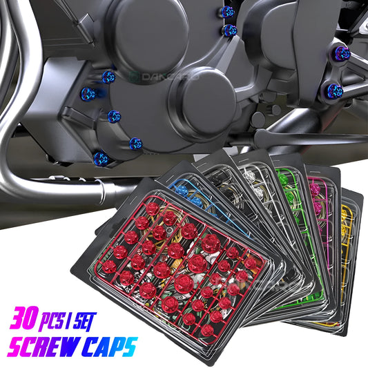 Set of 30 coloured ABS plastic screw caps for motorcycle engine bolt head customisation.