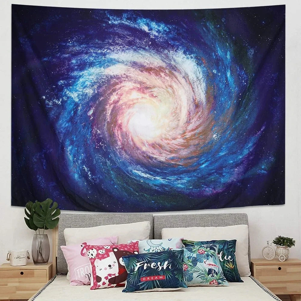 Blue printed polyester tapestry with reinforced edges, available in six sizes including 150x230cm