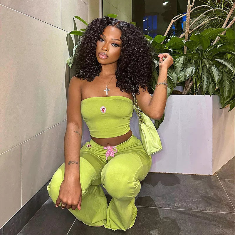 Women's summer embroidery tube top and high waist bell-bottom pants set in various colors