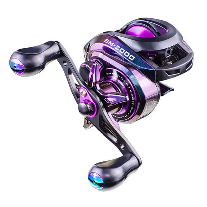 Colourful water drop shaped BM2000 fishing reel with magnetic brake, shown in left and right-hand models.