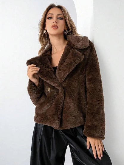 Women's loose short faux fur coat in rose red colour showing 50cm length and regular sleeves