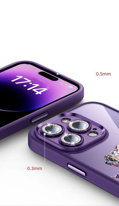 Dark purple TPU phone case with a rose pattern and a sparkly pink lens film for iPhone.