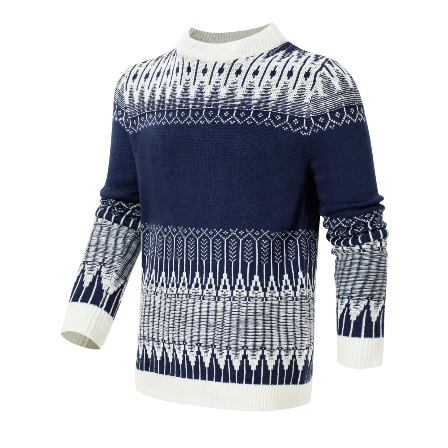 Men's grey cotton blend knitted pullover sweater with long sleeves on a hanger.