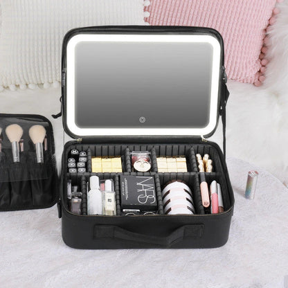 Glamorous lighted makeup vanity case with mirror, featuring large storage compartment, adjustable fill light, and high-definition mirror for flawless makeup application.
