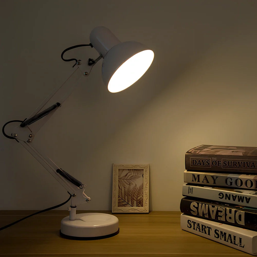 Black iron adjustable swing arm desk lamp with clip base and E27 socket, extended 40cm for workspace lighting