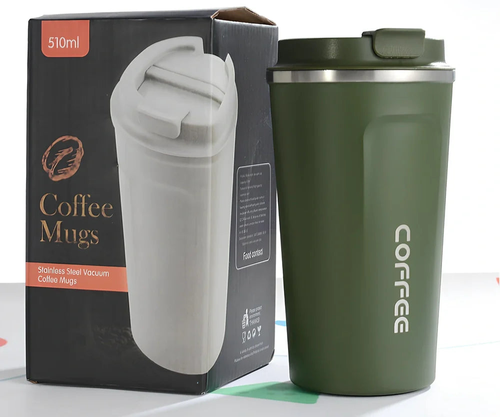 Stainless steel thermal vacuum coffee mug with double-layer insulation and spill-proof lid in multiple colour options