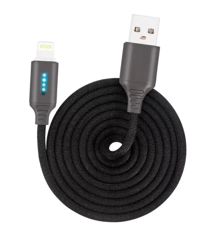 Black woven fabric braided USB fast charging cable with Type-C connector, 1 metre long.