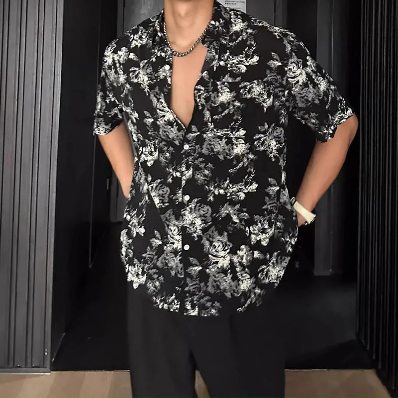 Loose casual short sleeve shirt with floral printed pattern in black colour option
