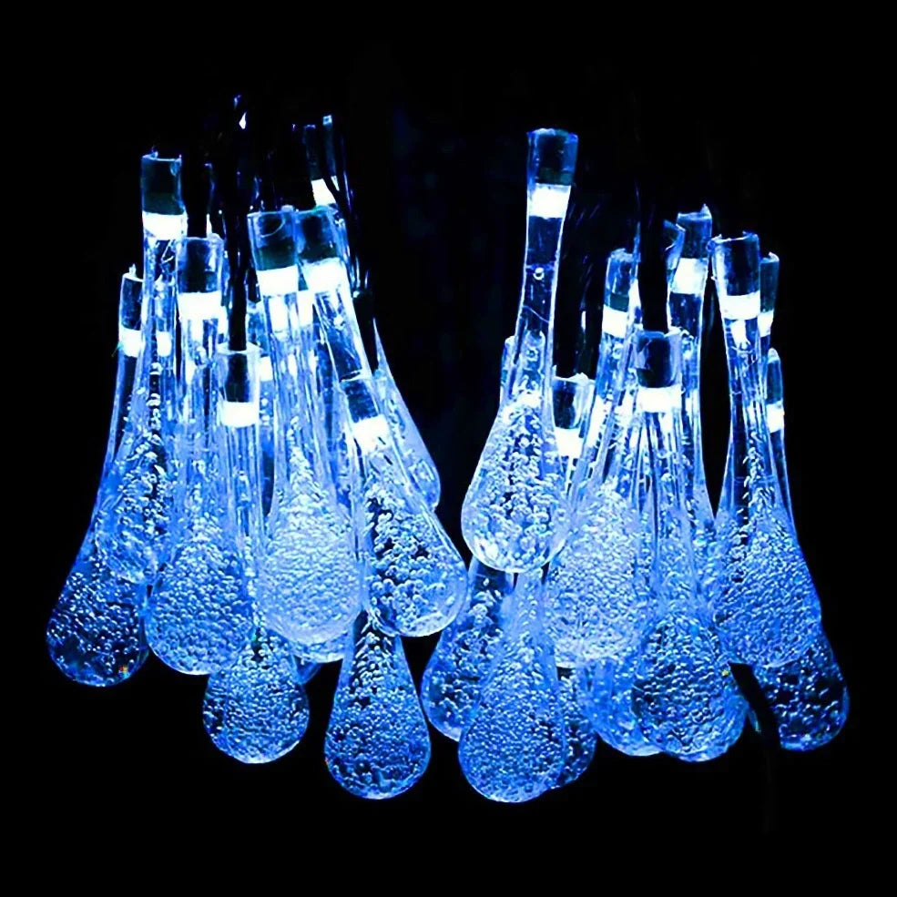 Water Drop Fairy LED solar garden lights with crystal-shaped beads on 4.8m string