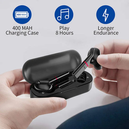 VV1 black and white Bluetooth earphones with a compact charging case on a table.