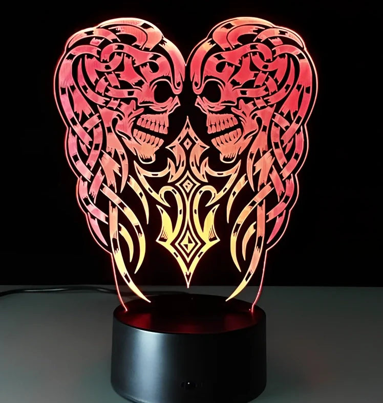 3D holographic skull LED night light with colour-changing options on black ABS base
