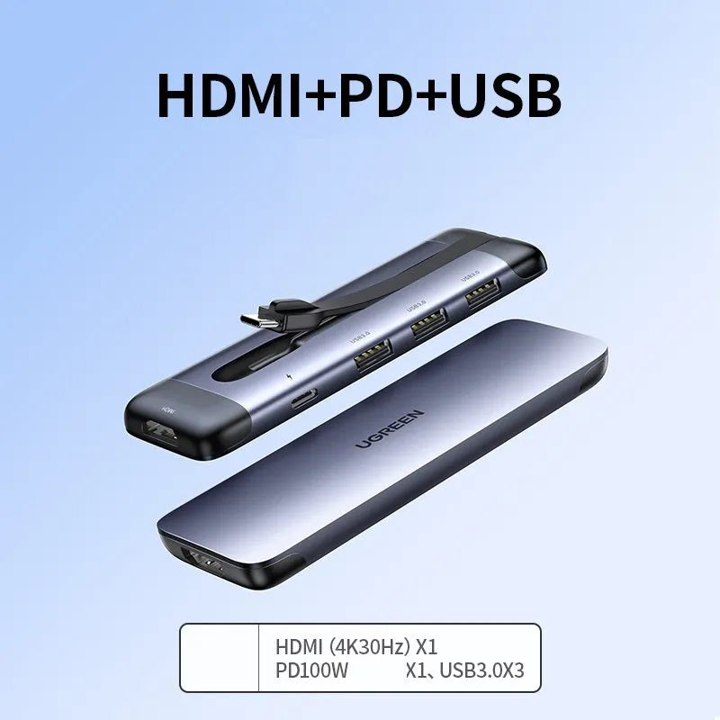 Dock expansion USB adapter converter with HDMI, PD charging, and USB 3.0 ports on a desk