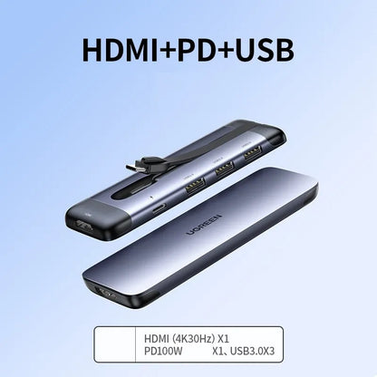 Dock expansion USB adapter converter with HDMI, PD charging, and USB 3.0 ports on a desk