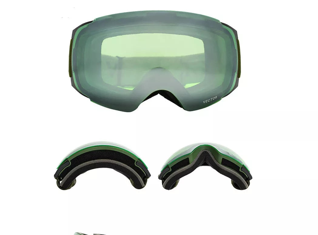 Compass ski glasses with anti-fog lenses and magnetic feature in army green, black, orange, and blue