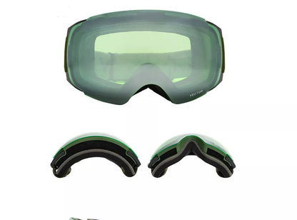 Compass ski glasses with anti-fog lenses and magnetic feature in army green, black, orange, and blue