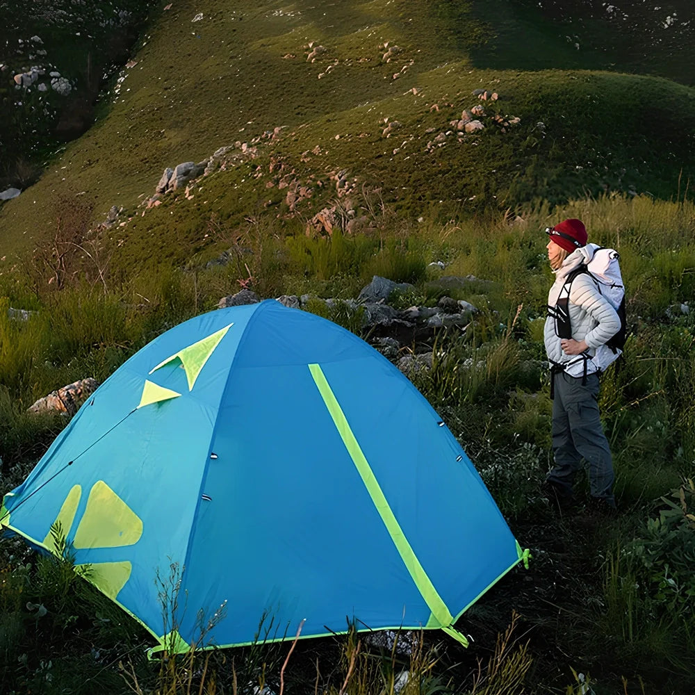 Pasture Gaodi Cold Mountain double-layer tent with aluminium poles in camping setting showing 210x140x110cm dimensions