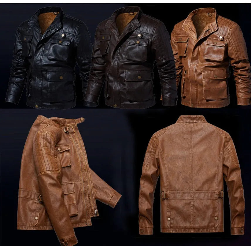 Men's PU leather jacket with velvet lining, available in khaki, black, and brown, sizes L to 5XL