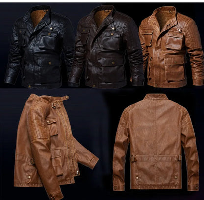 Men's PU leather jacket with velvet lining, available in khaki, black, and brown, sizes L to 5XL